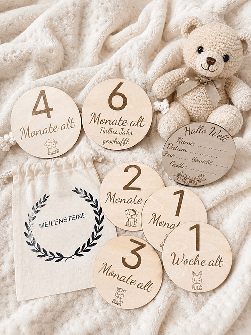 12er Set Meilensteinscheiben aus Holz – Halte die magischen Momente fest