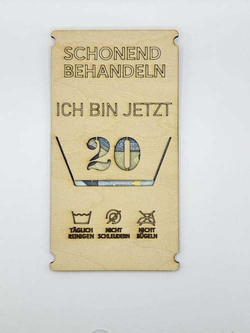 Lustiges Geldgeschenk aus Holz „Schonend Behandeln“